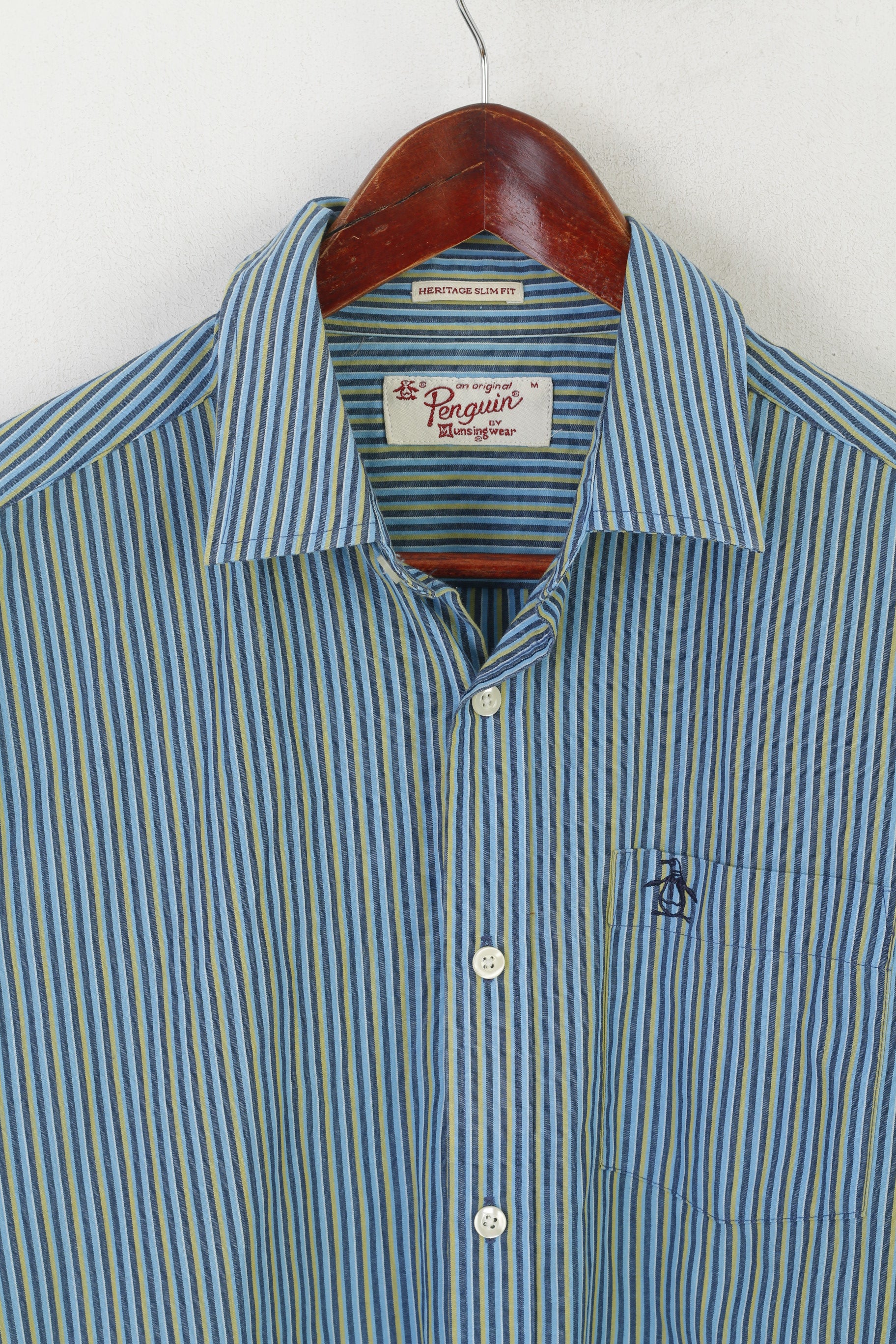 Penguin Men M Casual Shirt Blue Cotton Striped Heritage Slim Fit Long Sleeve Top