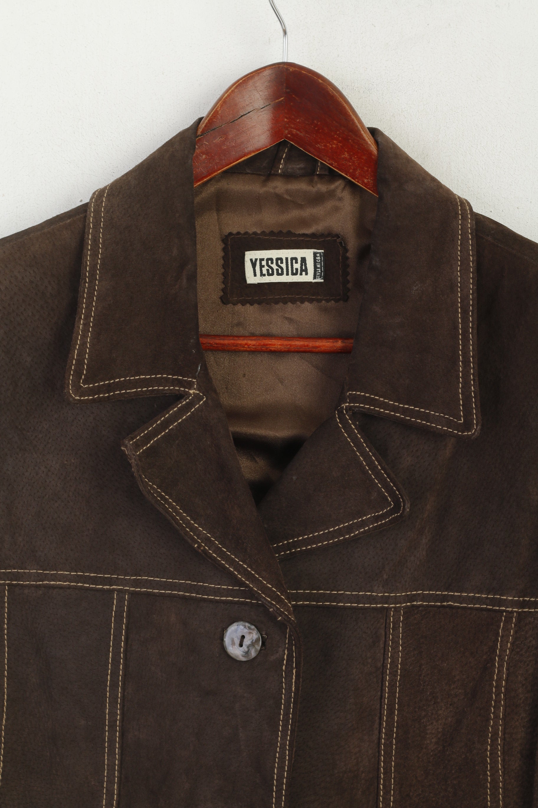 Yessica C&A Women 14 40 M Jacket Brown Leather Vintage Single Breasted Retro Top