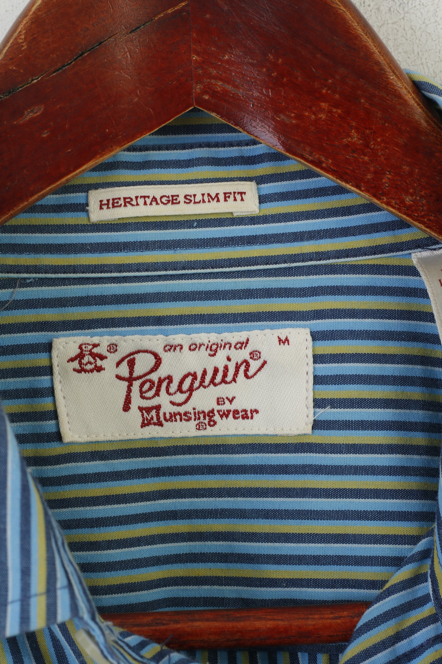 Penguin Men M Casual Shirt Blue Cotton Striped Heritage Slim Fit Long Sleeve Top
