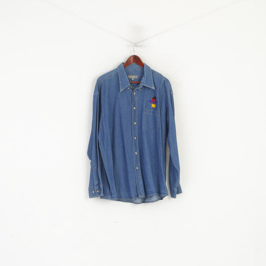 Mc Panthon Wal Mart Germany Men 2XL Casual Shirt Blue Denim Cotton Vintage 90s Top