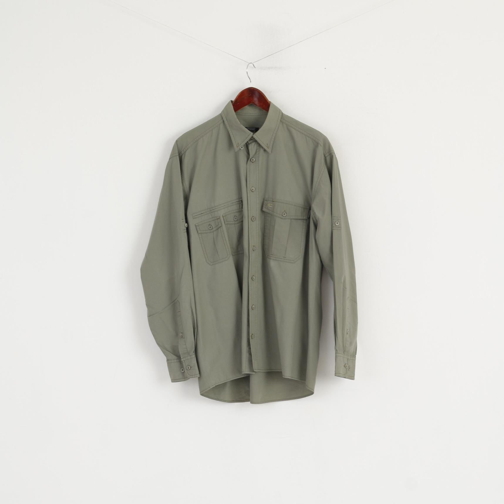 Camel Acitve Men M Casual Shirt Cotton Green Army Pockets Outdoor Long Sleeve Top