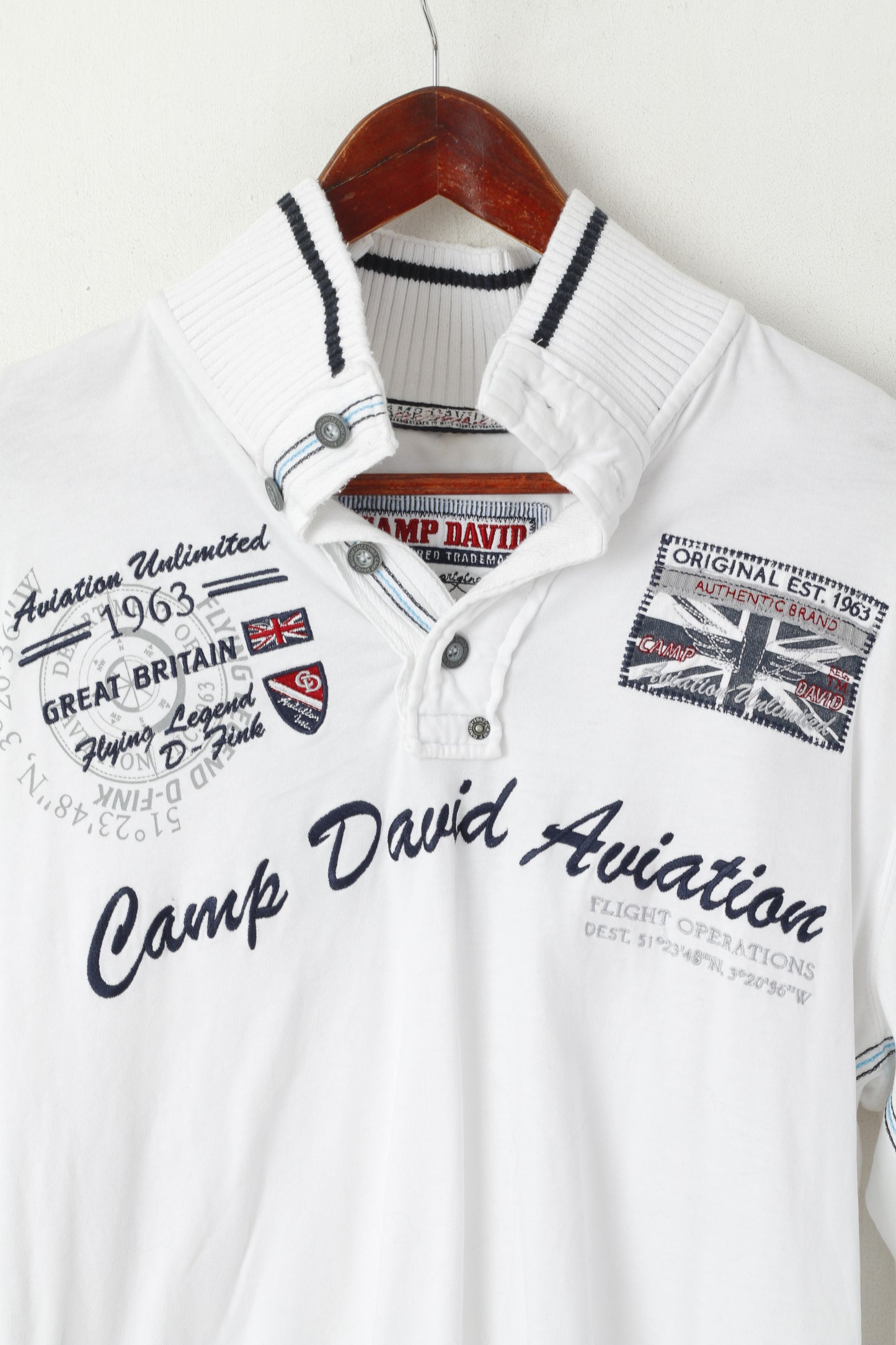 Camp David Men M Shirt White Cotton GB Emroidered Detailed Buttons Long Sleeve Top
