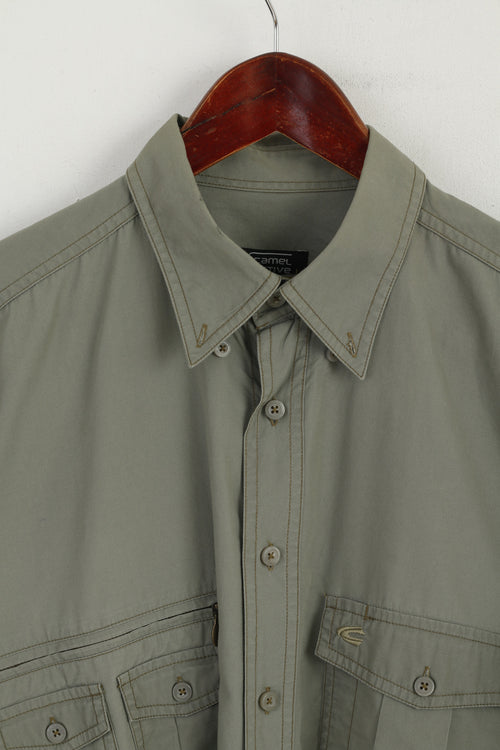 Camel Acitve Men M Chemise décontractée en coton vert poches militaires pour l'extérieur à manches longues