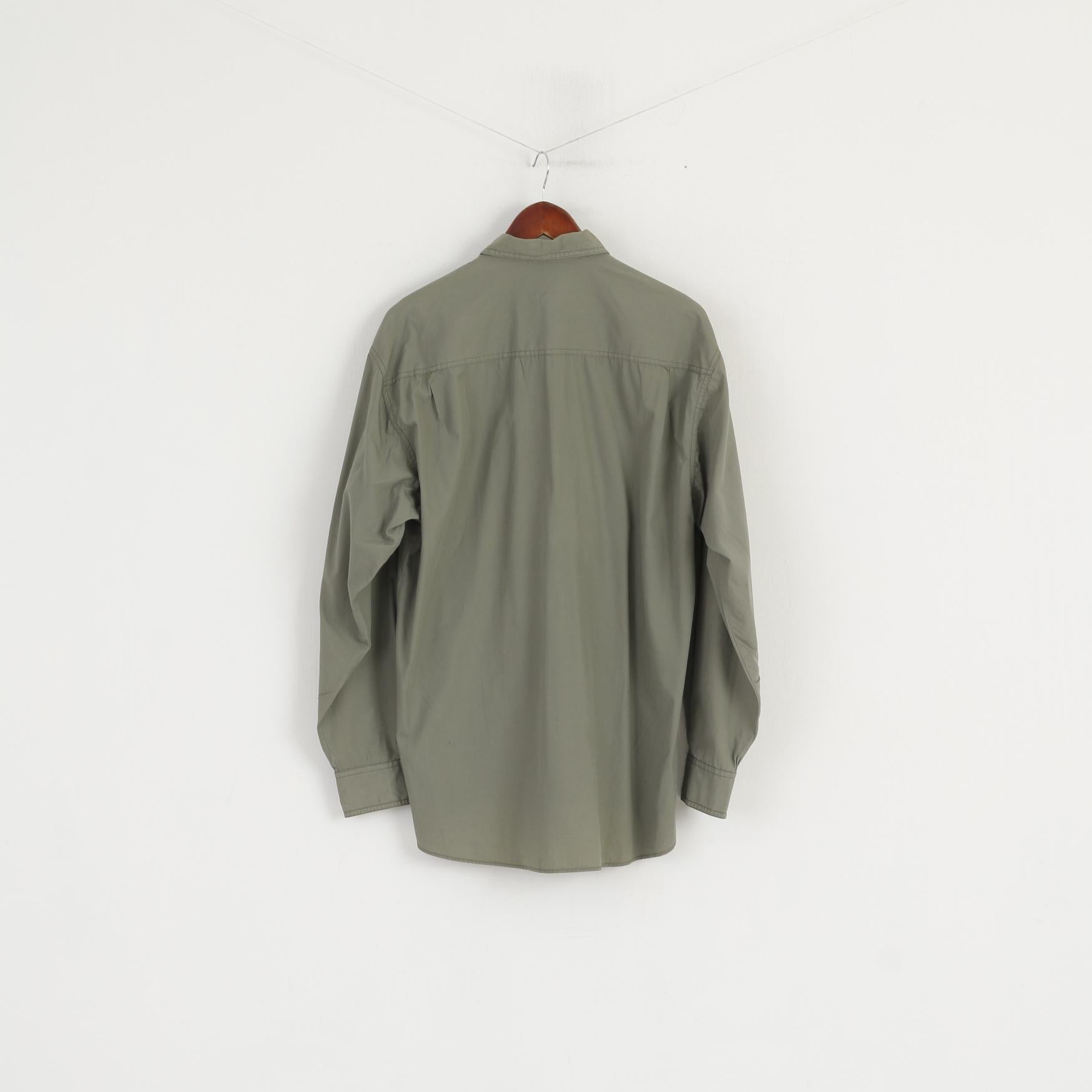 Camel Acitve Men M Casual Shirt Cotton Green Army Pockets Outdoor Long Sleeve Top