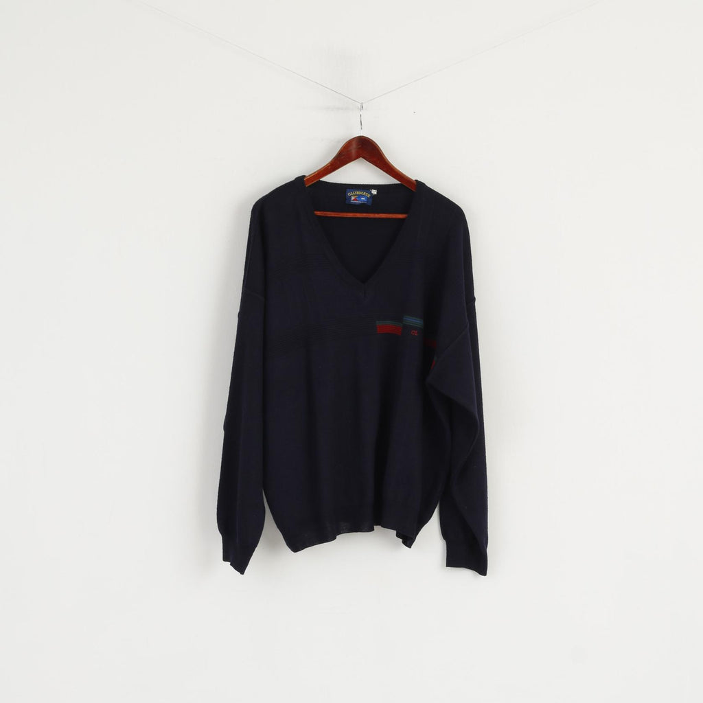 Clubmate Men 56 XXL Jumper Navy Wool Blend Retro V Neck Classic Sweater