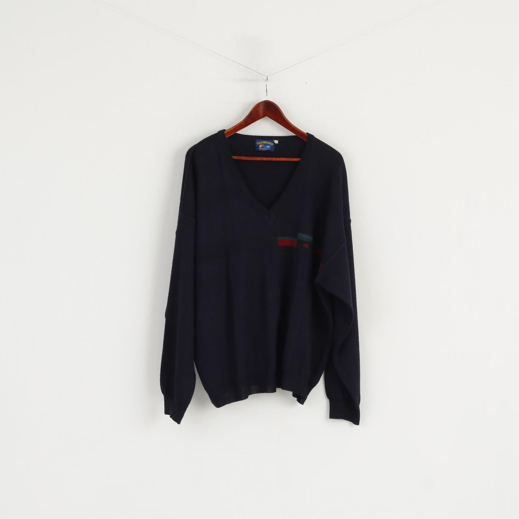 Clubmate Men 56 XXL Jumper Navy Wool Blend Retro V Neck Classic Sweater