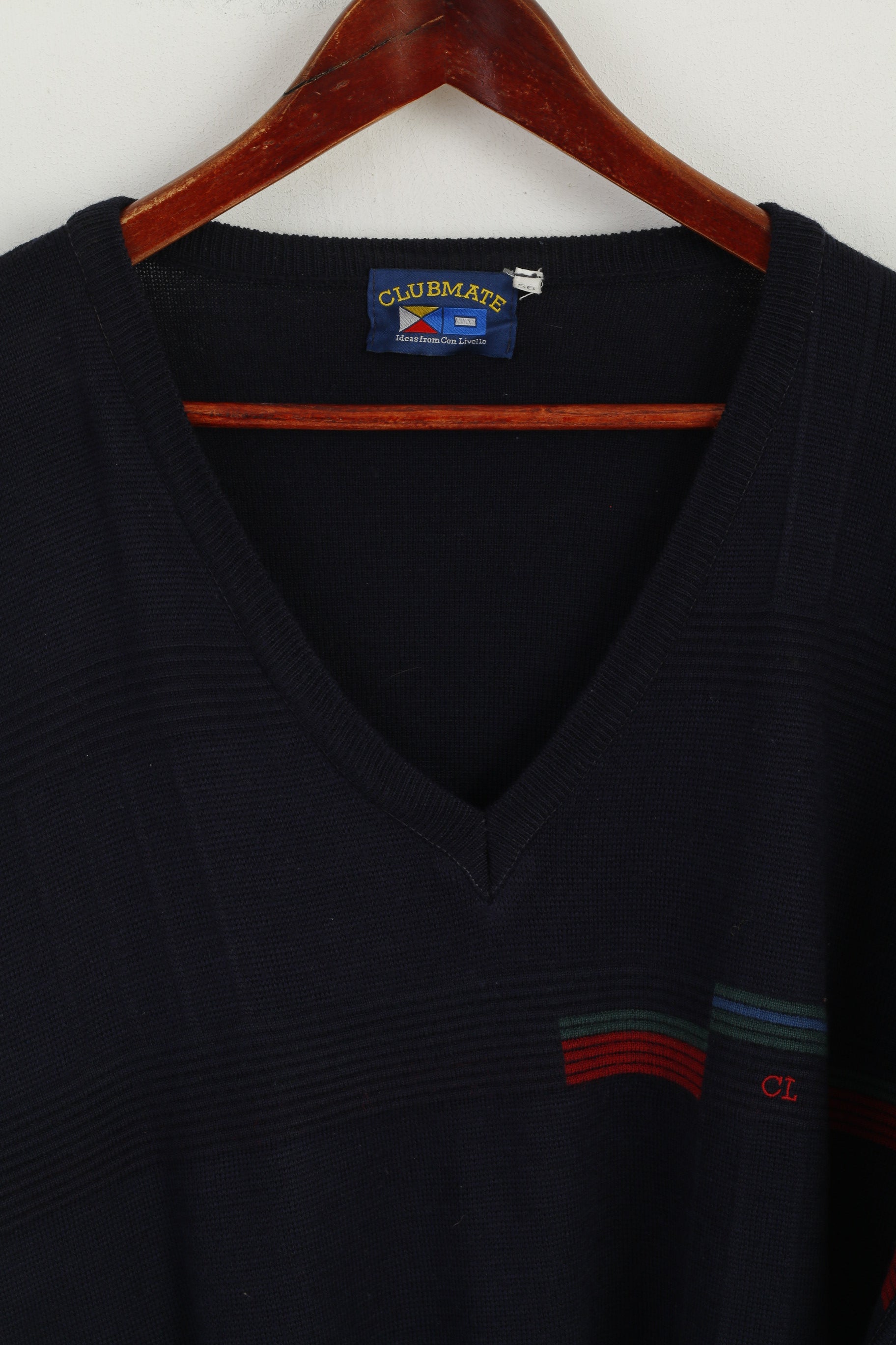 Clubmate Men 56 XXL Jumper Navy Wool Blend Retro V Neck Classic Sweater