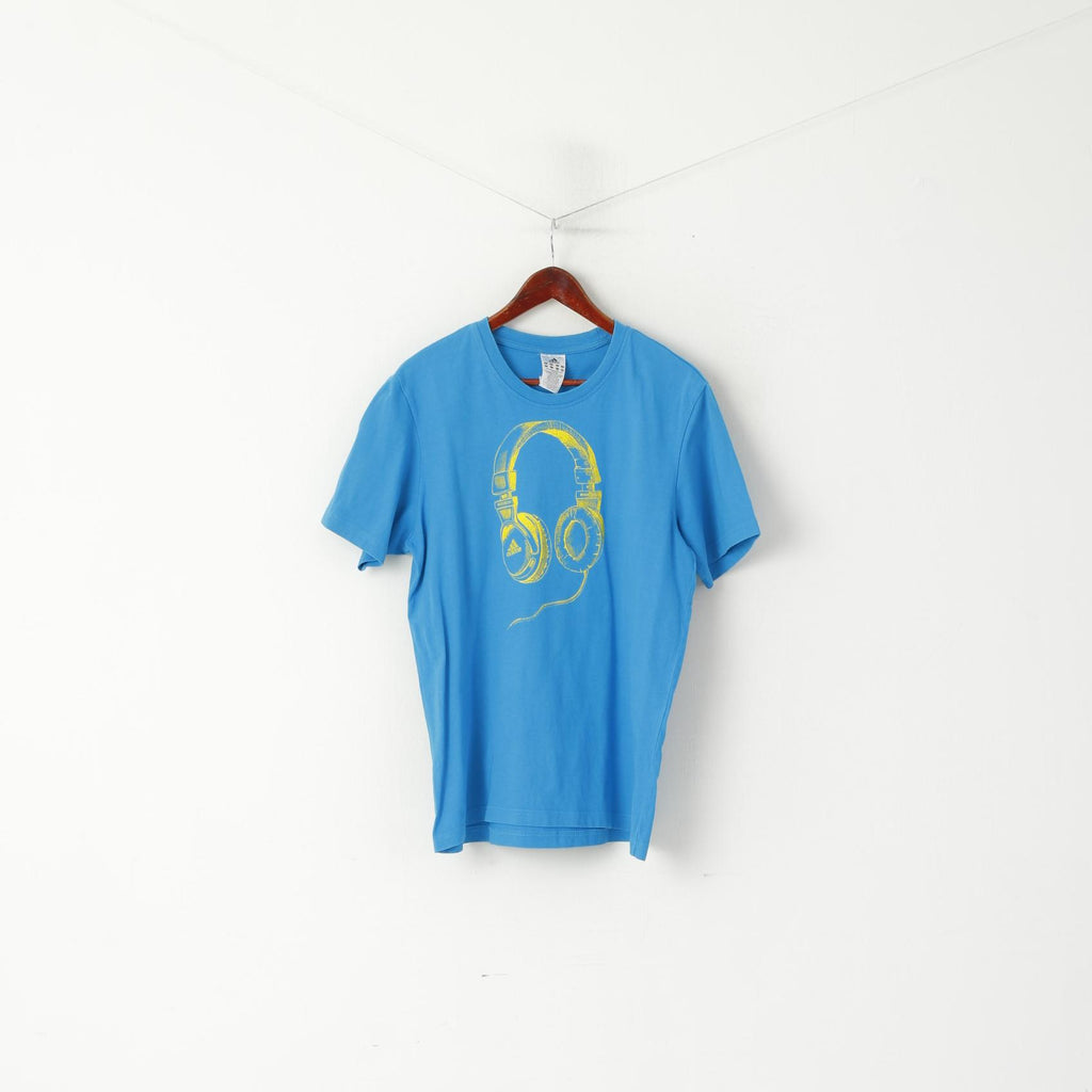 Adidas Men L T- Shirt Blue Cotton Graphic Headphones Crew Neck Sport Top