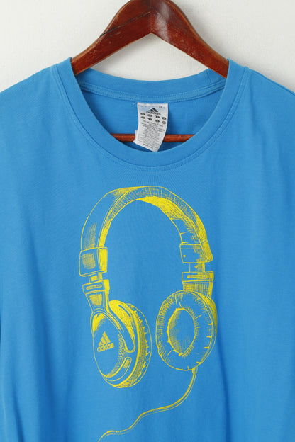 Adidas Men L T- Shirt Blue Cotton Graphic Headphones Crew Neck Sport Top