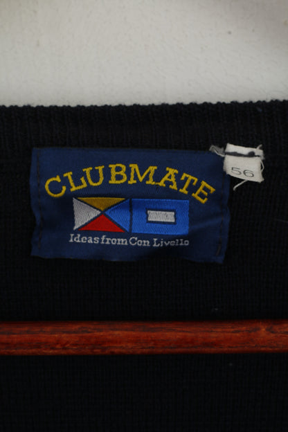 Clubmate Men 56 XXL Jumper Navy Wool Blend Retro V Neck Classic Sweater