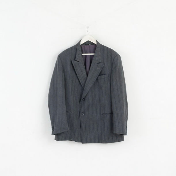 Royce Men 52 Blazer Gris Rayé Laine Mélange Veste Vintage à Simple Boutonnage