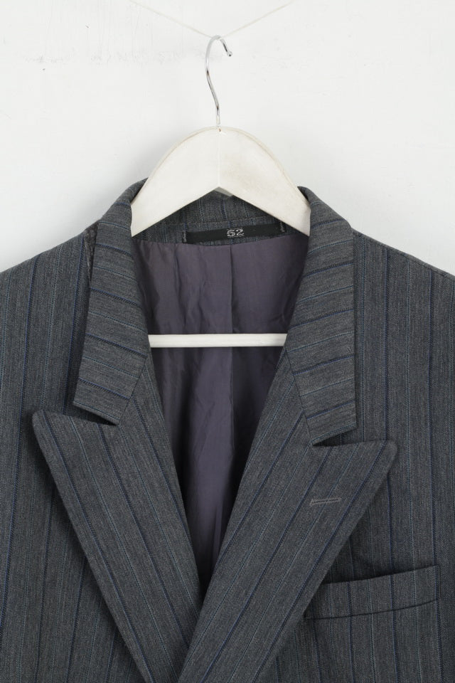 Royce Men 52 Blazer Gris Rayé Laine Mélange Veste Vintage à Simple Boutonnage