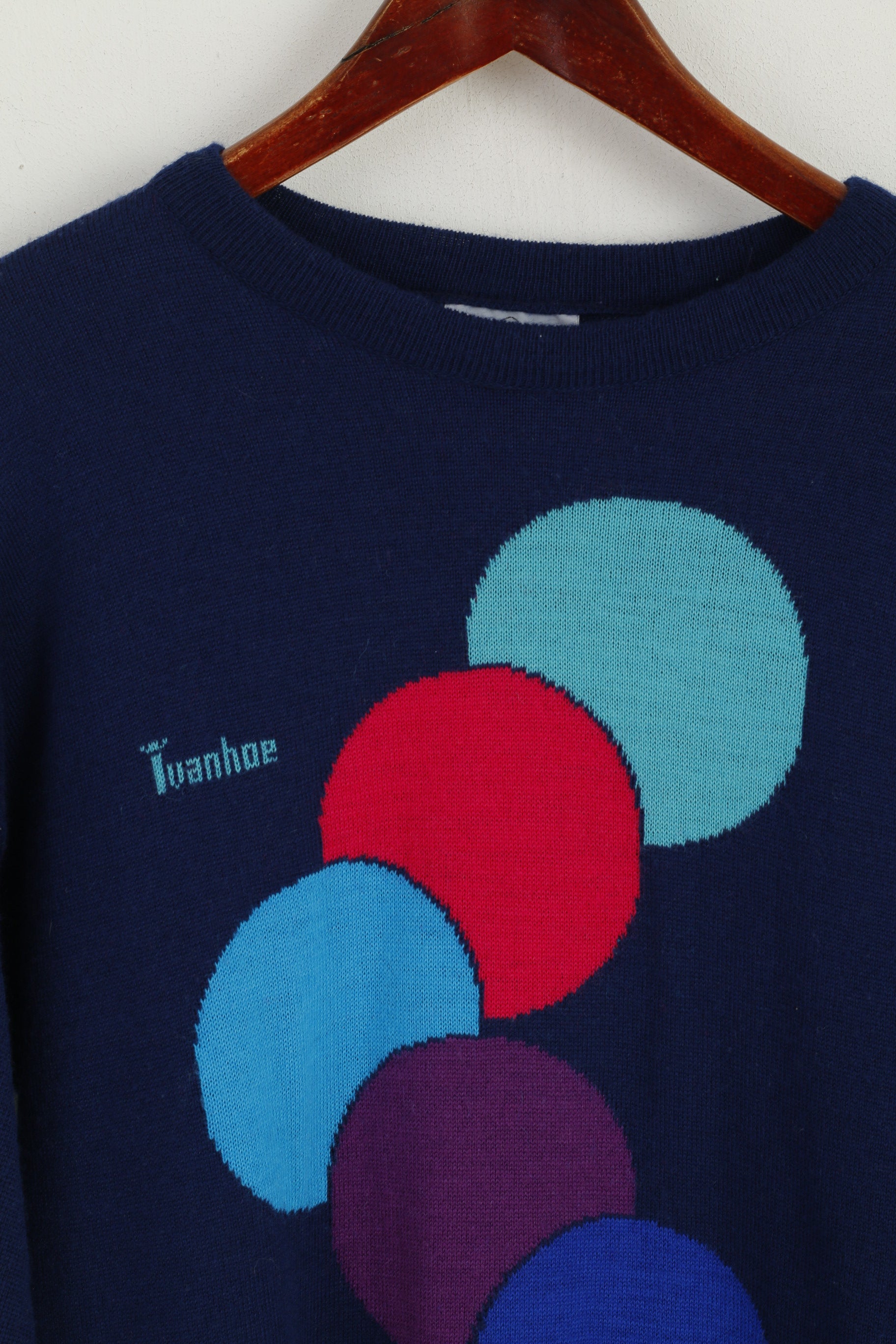 Ivanhoe Women L (M) Jumper Navy Wool Blend Vintage Suède Pull à col rond