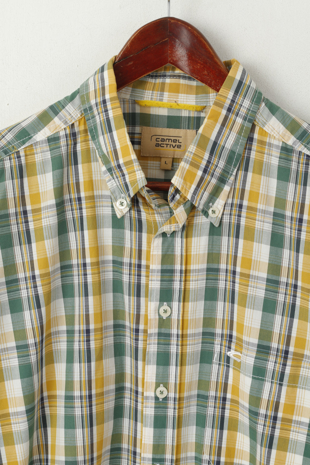Camel Active Men L Chemise décontractée à carreaux jaunes à manches courtes et col boutonné