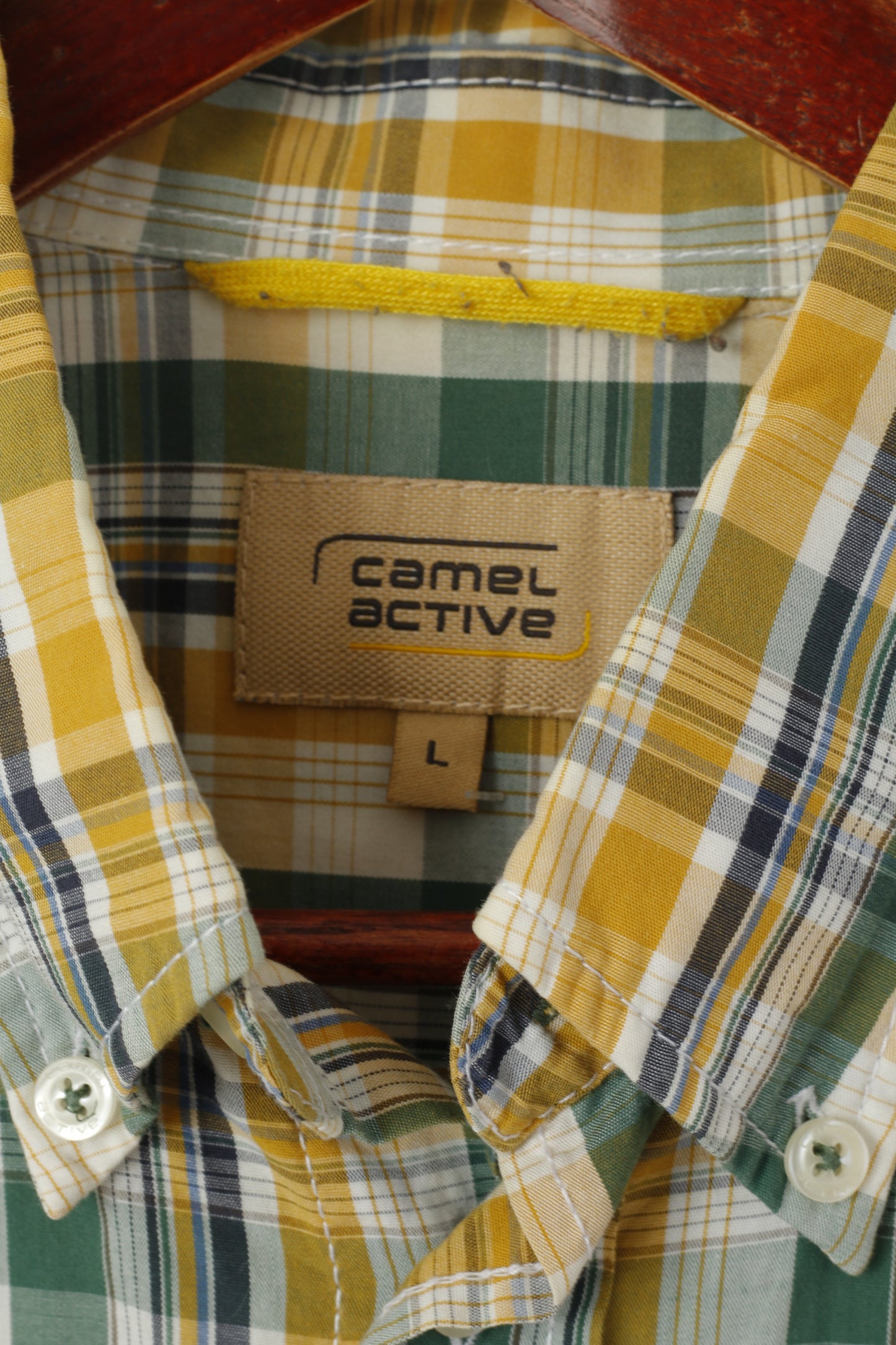 Camel Active Men L Chemise décontractée à carreaux jaunes à manches courtes et col boutonné