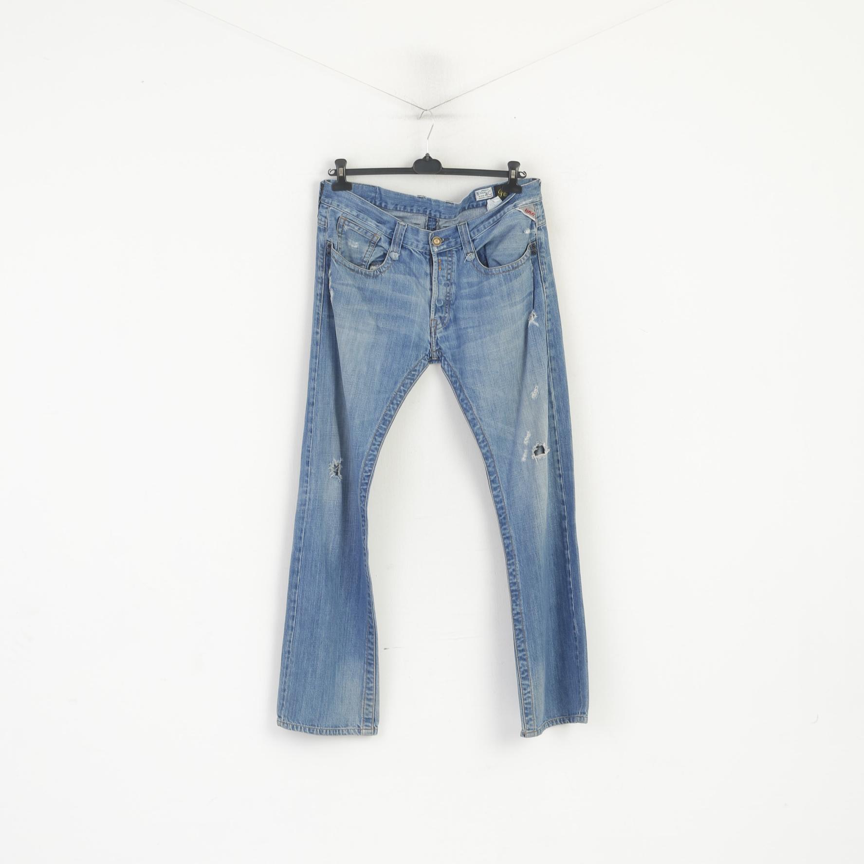 Replay Men 36 Trousers Blue Denim Cotton Straight  Ripped Jeans Pants