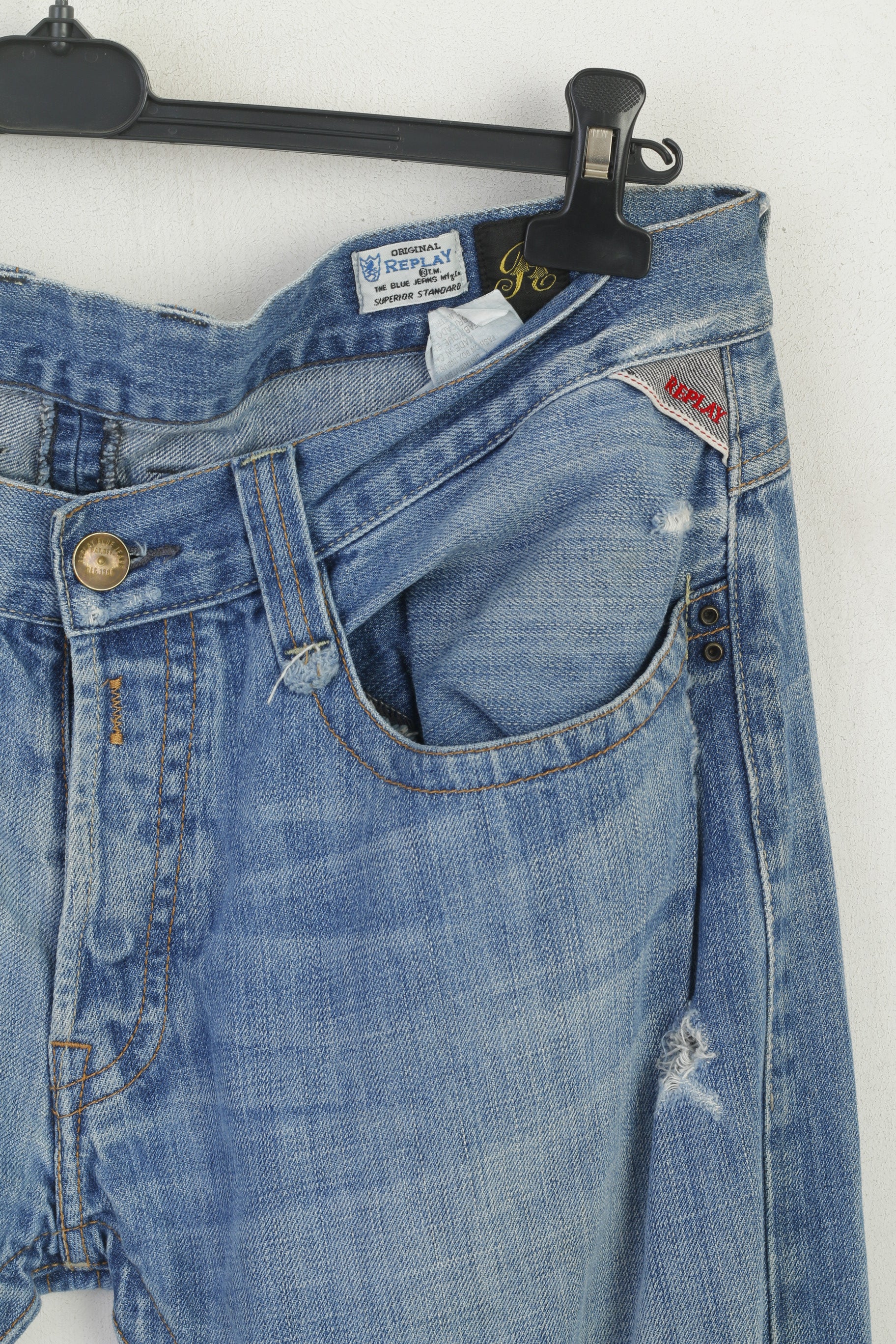 Replay Men 36 Trousers Blue Denim Cotton Straight  Ripped Jeans Pants