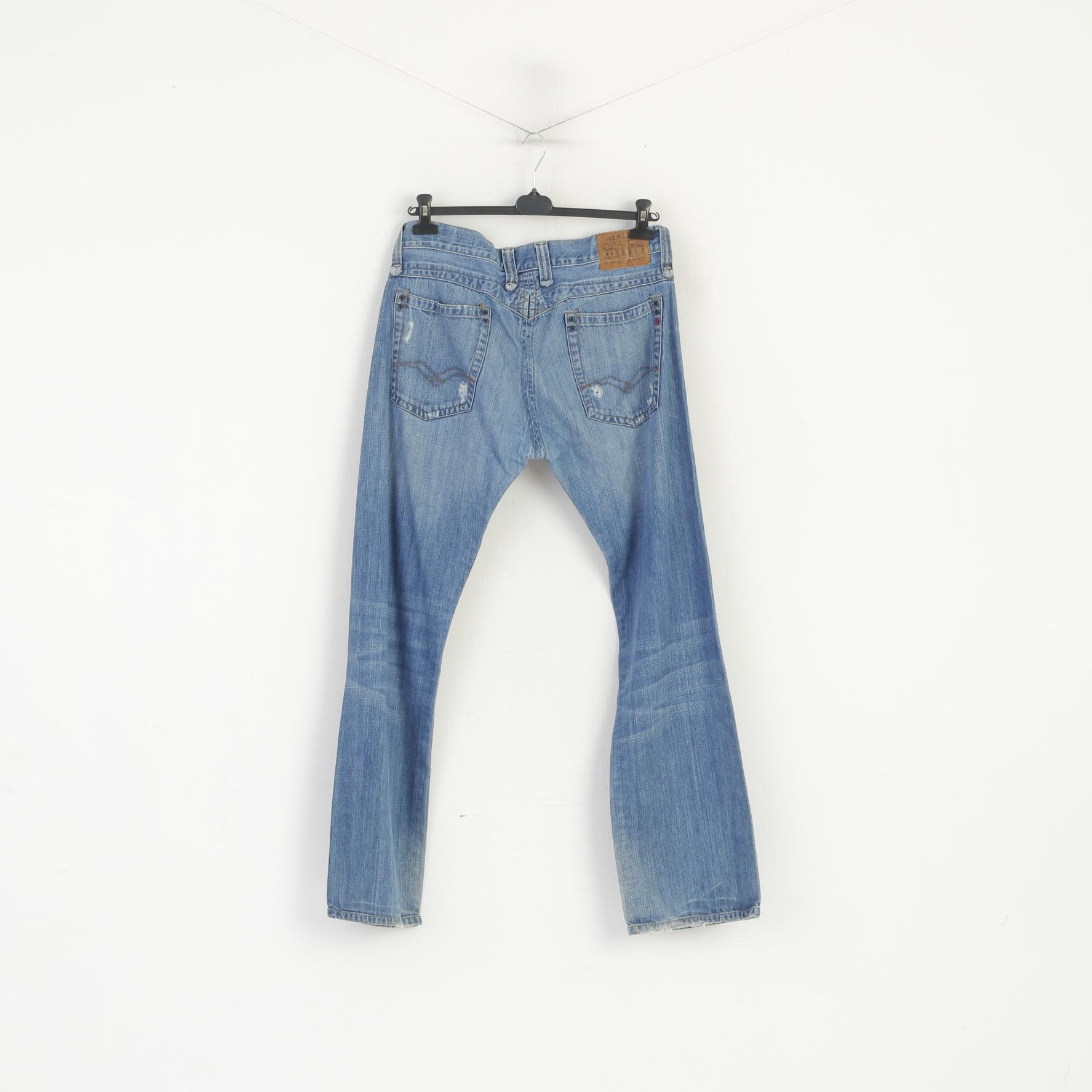 Replay Men 36 Trousers Blue Denim Cotton Straight  Ripped Jeans Pants