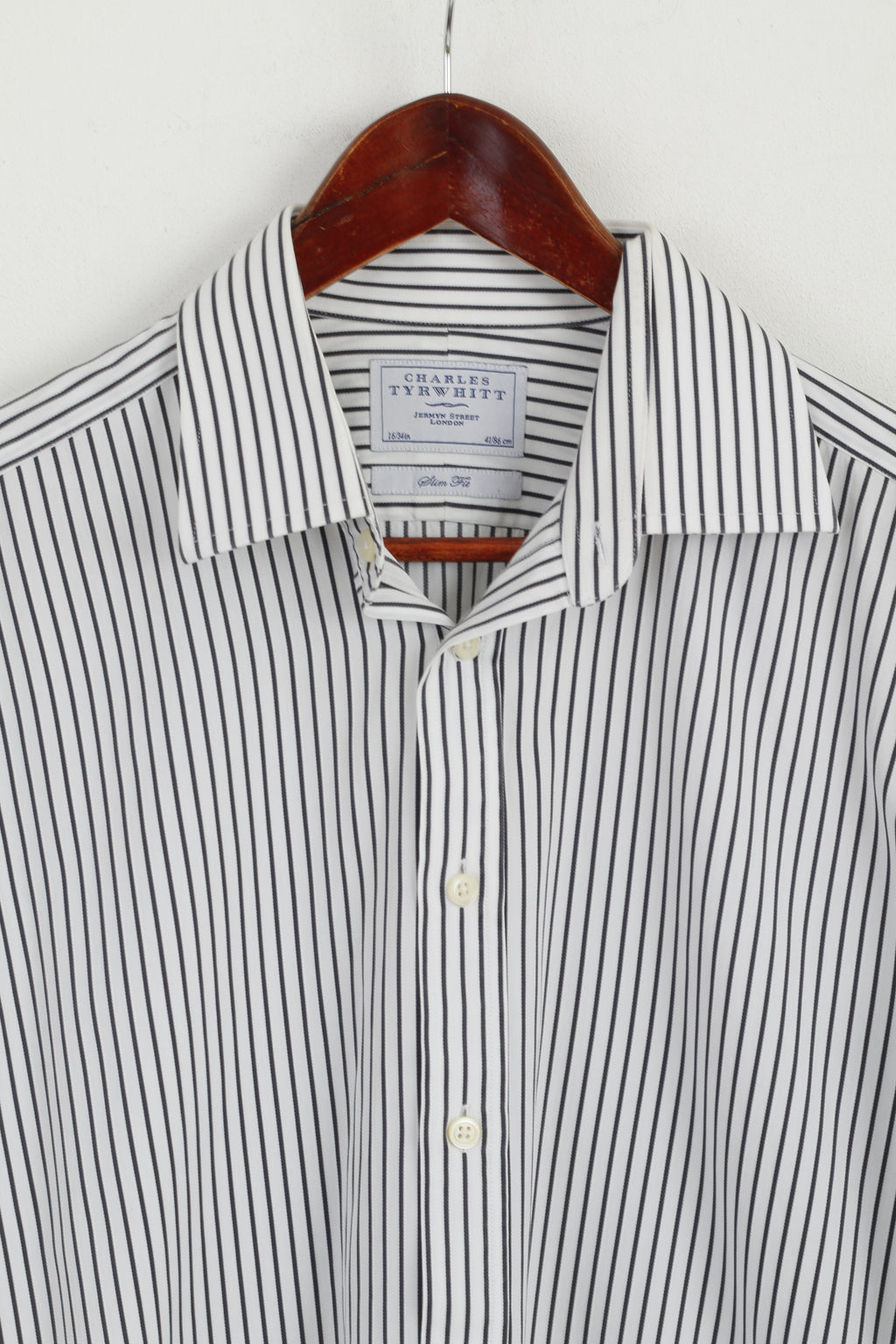 Charles Tyrwhitt Men 16 41 M Casual Shirt White Black Striped Cotton Slim Fit Long Sleeve Top