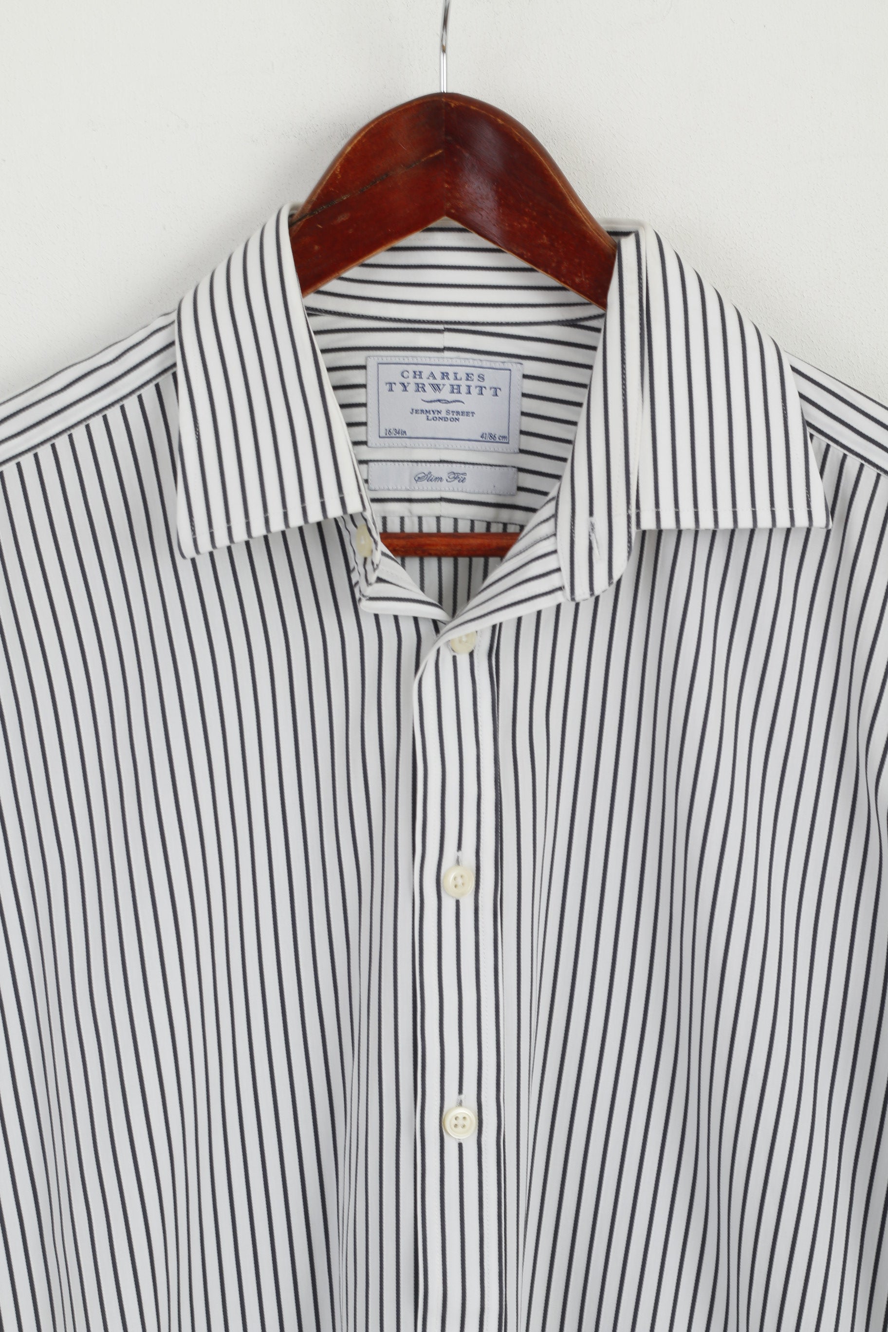 Charles Tyrwhitt Men 16 41 M Casual Shirt White Black Striped Cotton Slim Fit Long Sleeve Top