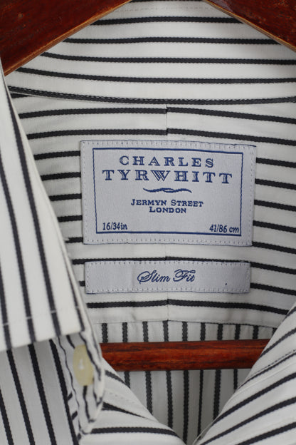 Charles Tyrwhitt Men 16 41 M Casual Shirt White Black Striped Cotton Slim Fit Long Sleeve Top