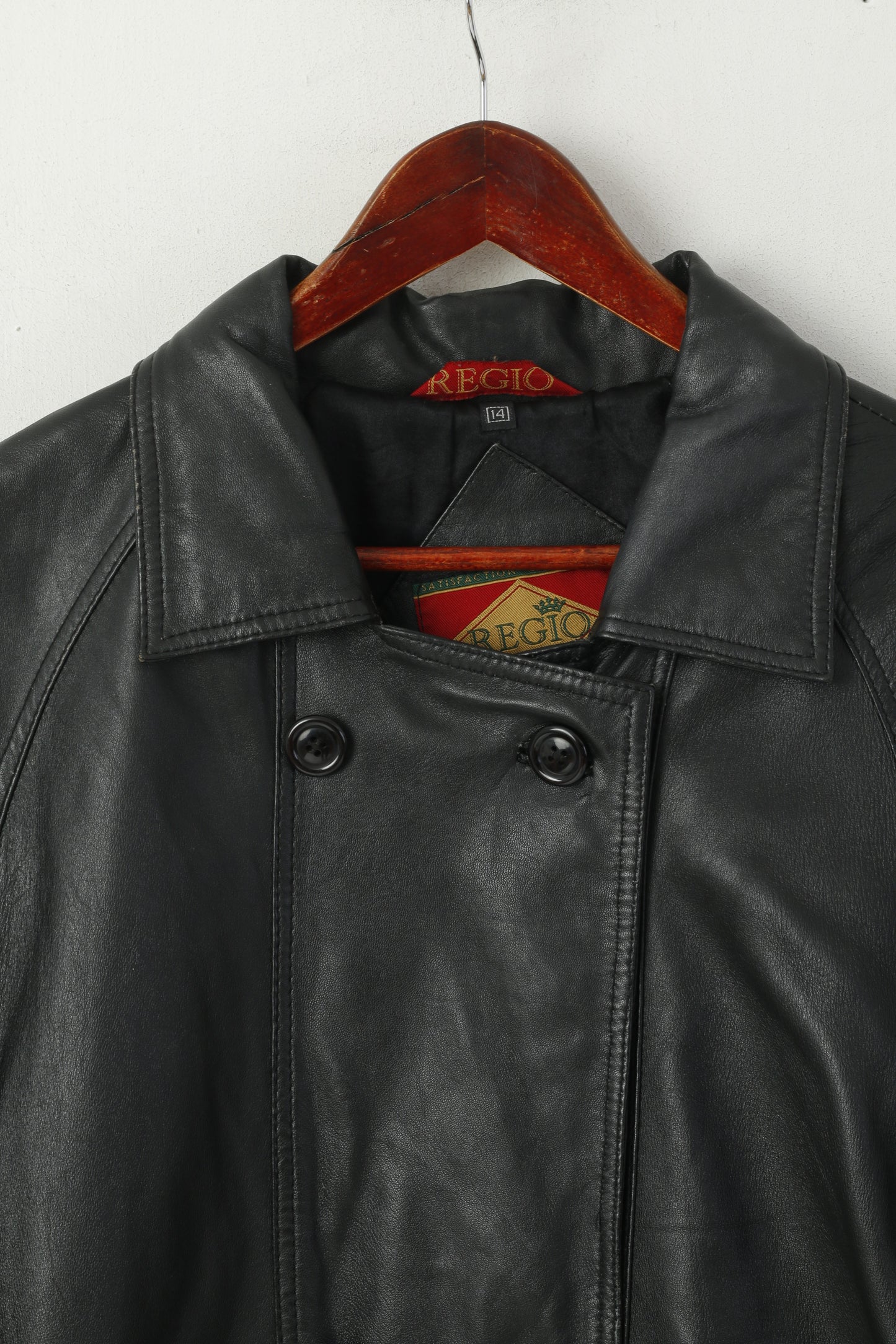 Giacca Regio da donna 14 XL Cappotto vintage doppiopetto in pelle nera Premier Wear