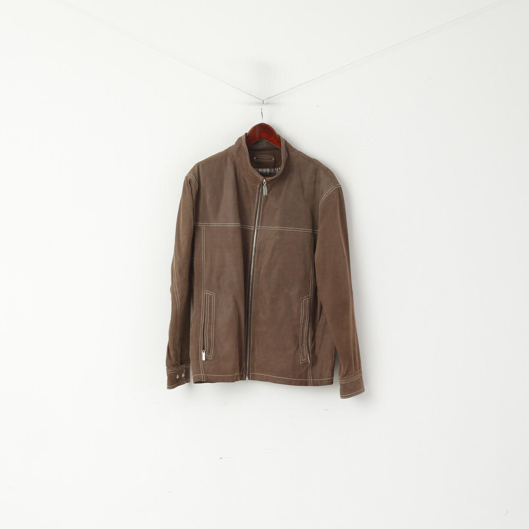 Jilani Collection Veste en cuir marron pour homme 48 M avec fermeture éclair complète et poches décontractées