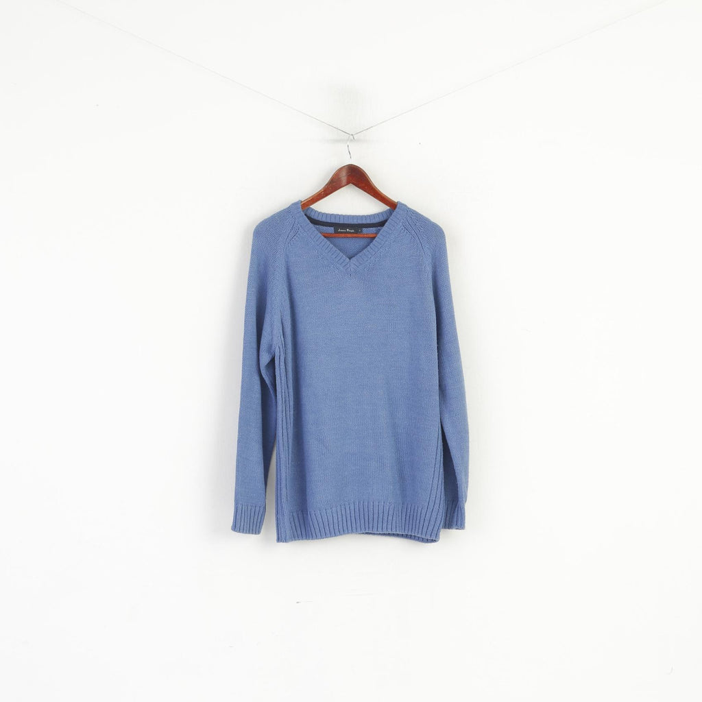James Pringle Men L Jumper Blue Knitted V Neck Plain Classic Sweater