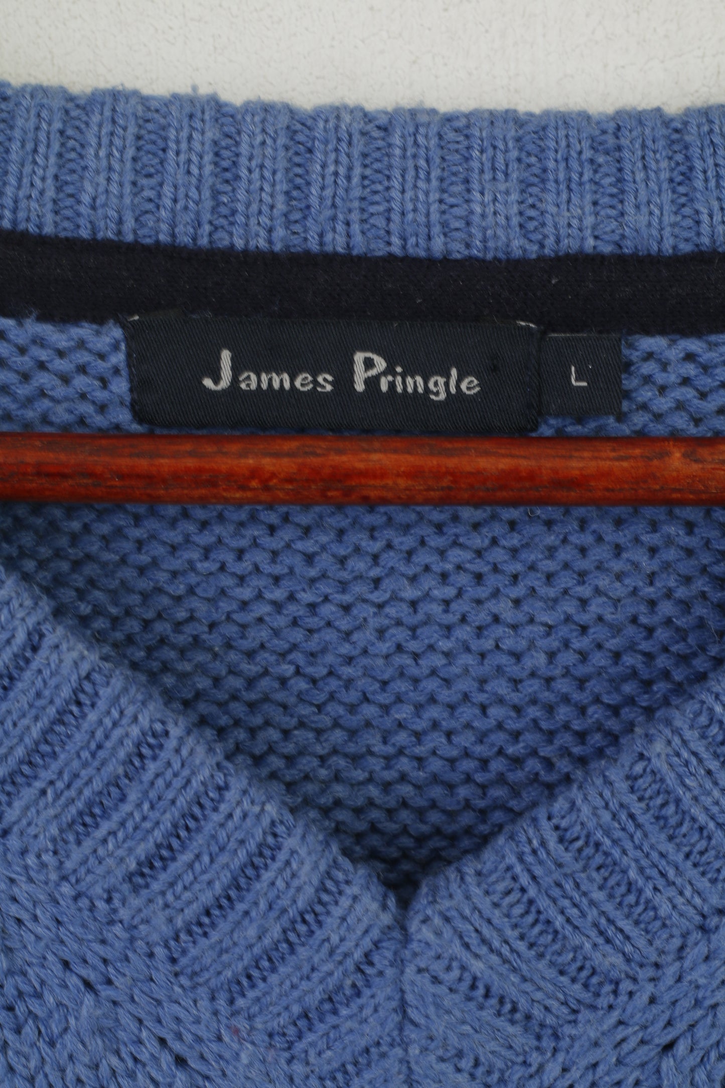 James Pringle Men L Jumper Blue Knitted V Neck Plain Classic Sweater