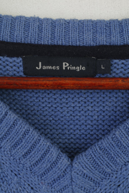 James Pringle Men L Jumper Blue Knitted V Neck Plain Classic Sweater