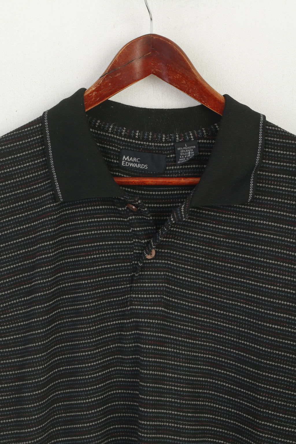 Marc Edwards Men L Polo Shirt Black Vintage Cotton Striped Classic Top