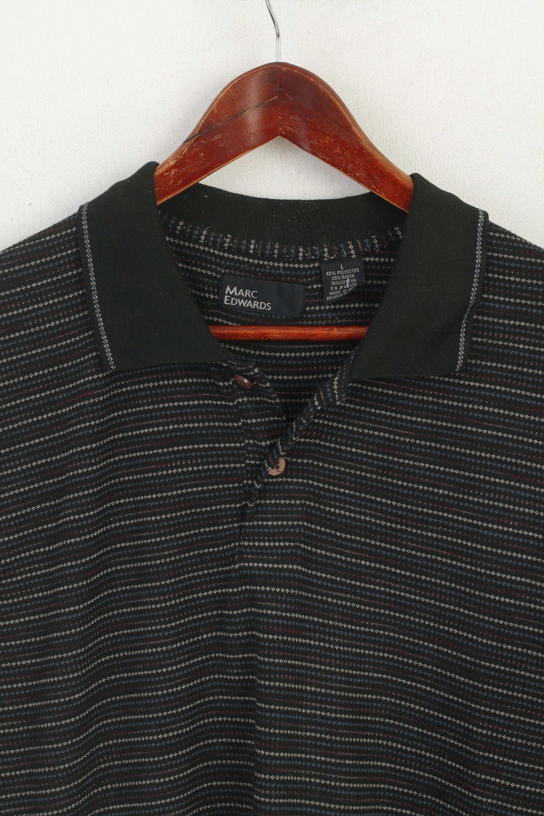 Marc Edwards Men L Polo Shirt Black Vintage Cotton Striped Classic Top