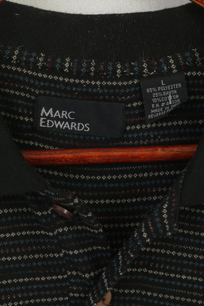Marc Edwards Men L Polo Shirt Black Vintage Cotton Striped Classic Top