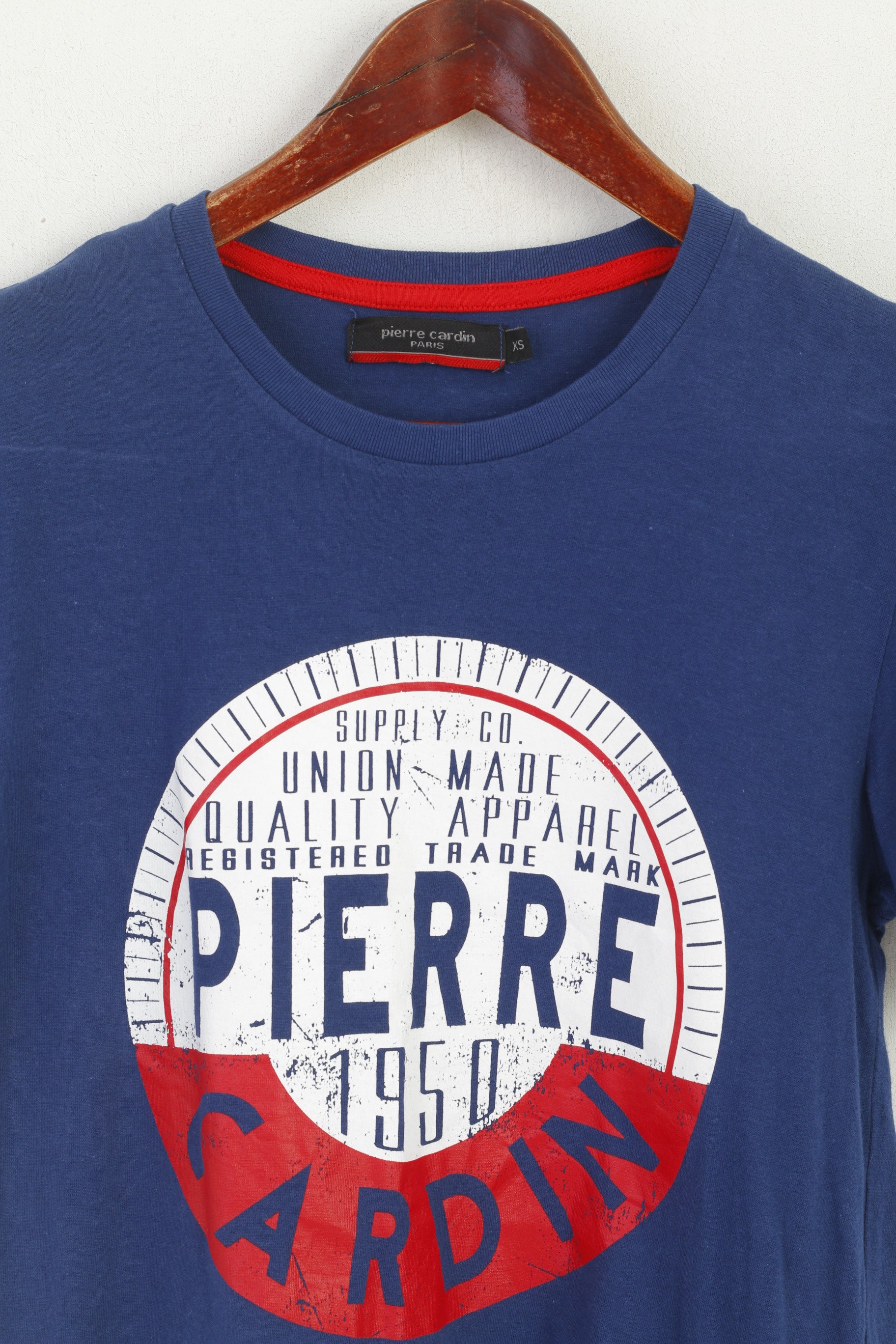 Camicia Pierre Cardin Paris da uomo XS Top girocollo con logo grafico in cotone blu