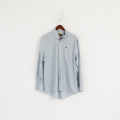 Timberland Uomo M (L) Camicia casual Top a maniche lunghe con colletto button down a righe blu