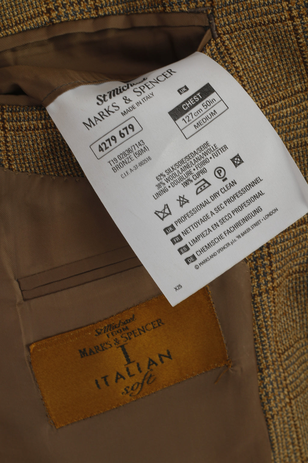 Marks & Spencer Italian Soft Men 50 Blazer Brown Check Silk Wool Blend Italy Jacket