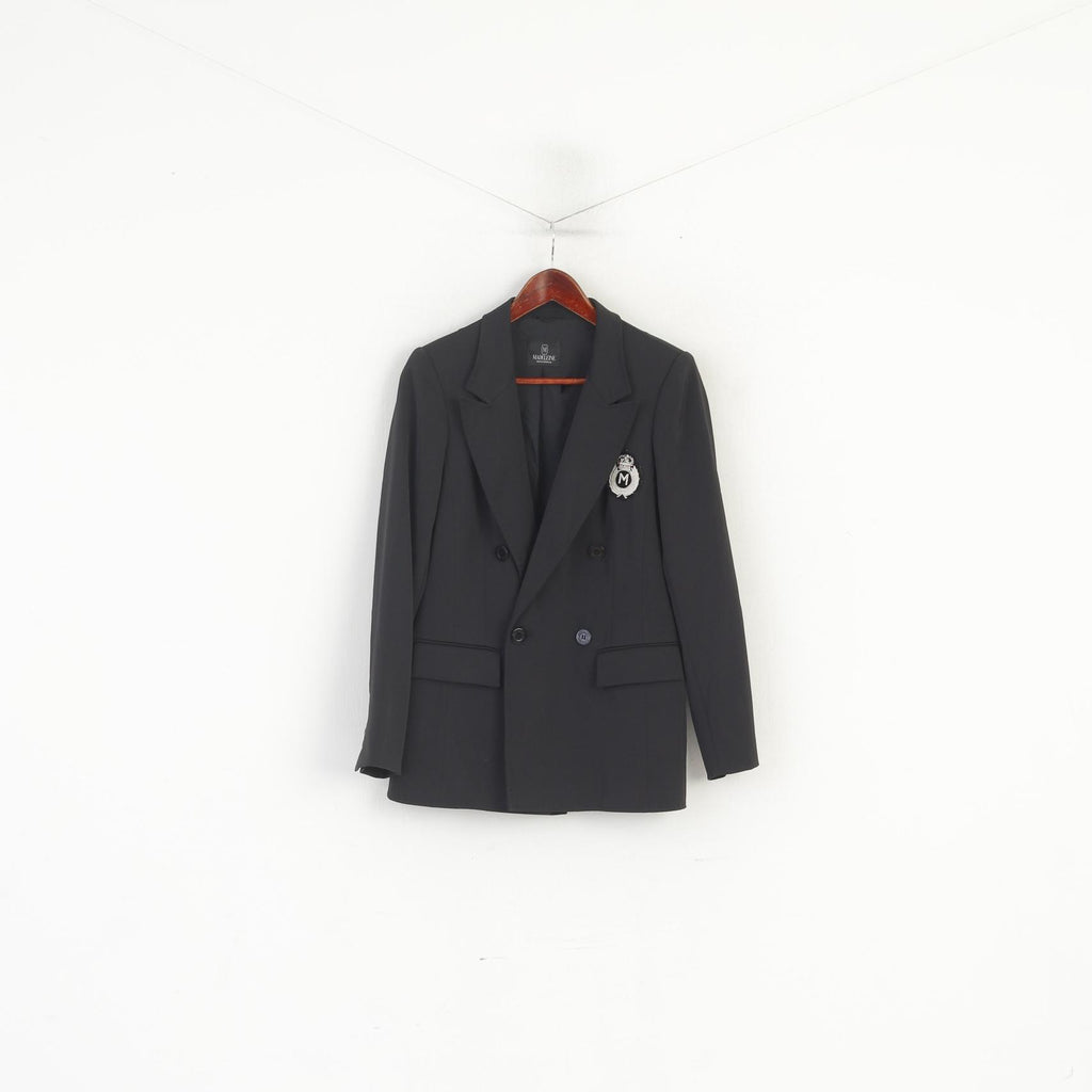 Madeleine Donna 10 38 S/M Blazer Giacca nera lucida con bottoni dettagliati a doppio petto