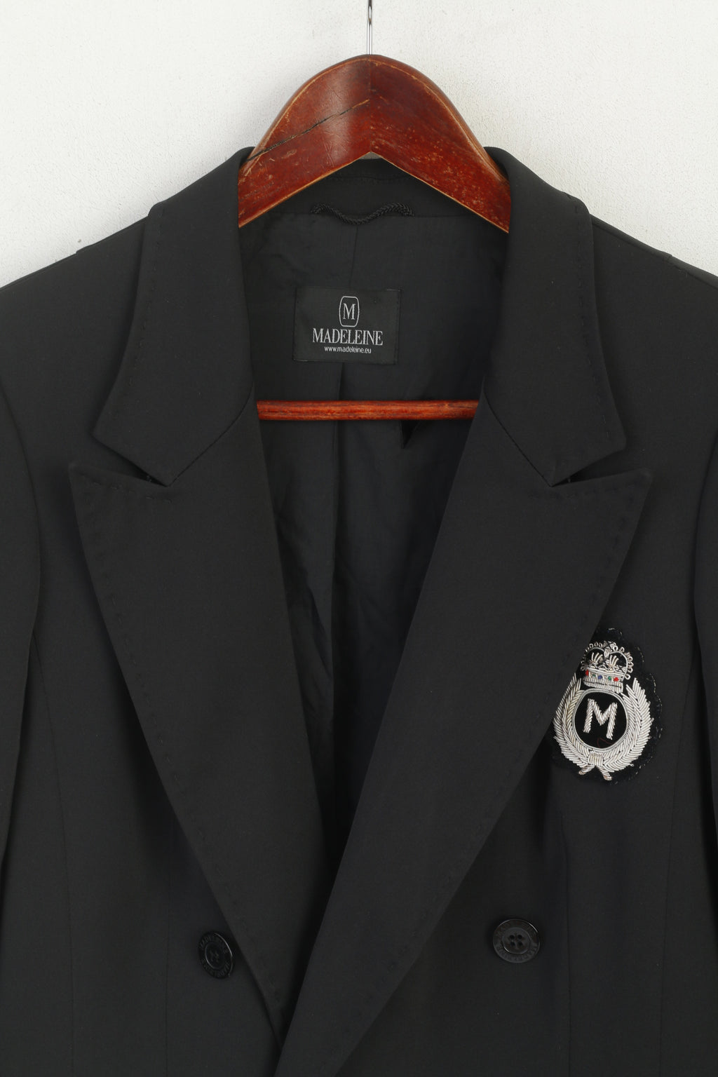 Madeleine Donna 10 38 S/M Blazer Giacca nera lucida con bottoni dettagliati a doppio petto