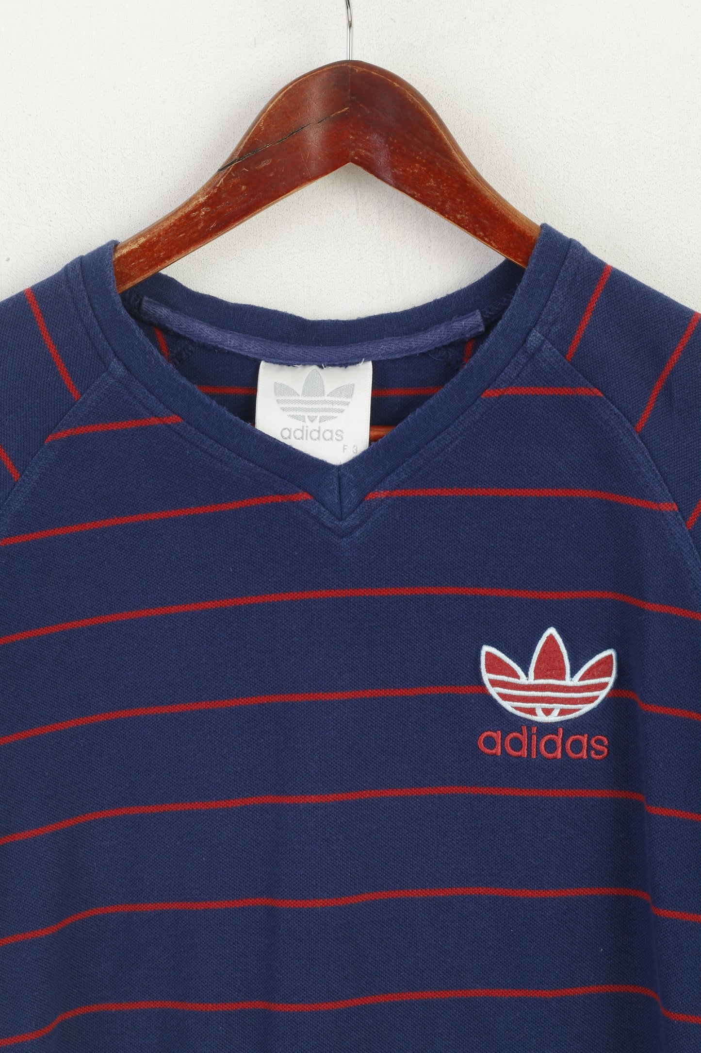 Adidas Men M Shirt Navy Striped Vintage Red Logo Raglan Sleeve Sport Top