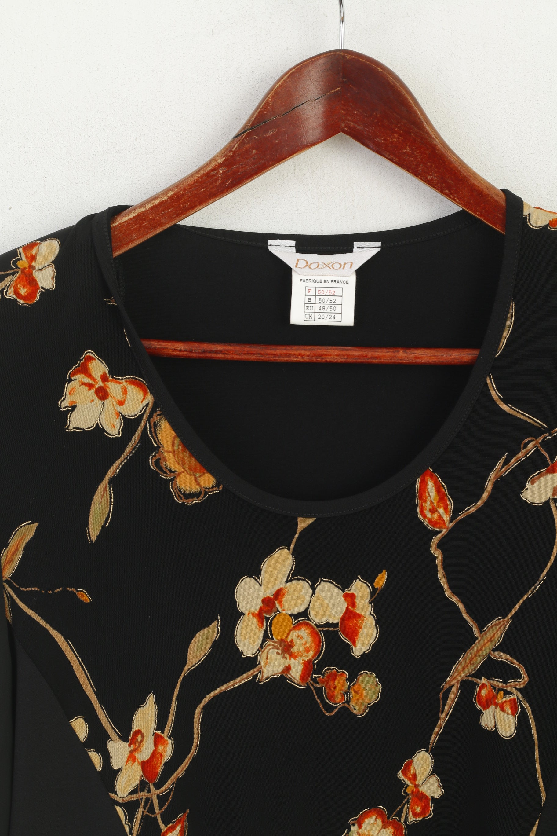 Daxon Femme 48/50 20/24 XXL Chemise Noir Floral Épaulettes France Blouse Stretch