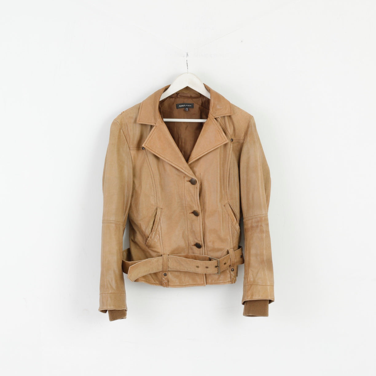 ARMA Giacca da donna 18 44 Marrone Latte 100% pelle da motociclista con cintura e bottoni