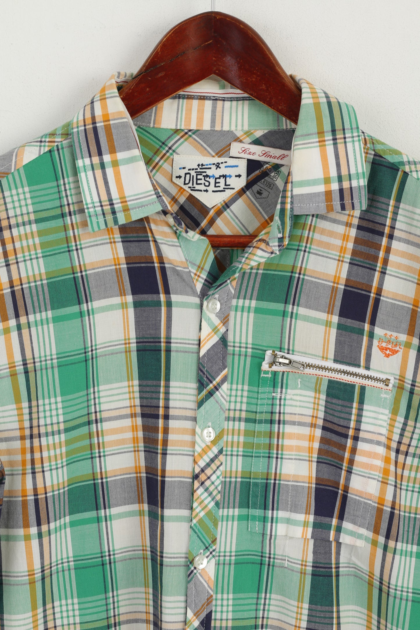 Diesel Men S Casual Shirt Green Cotton Checkered Zip Pocket Long Sleeve Top