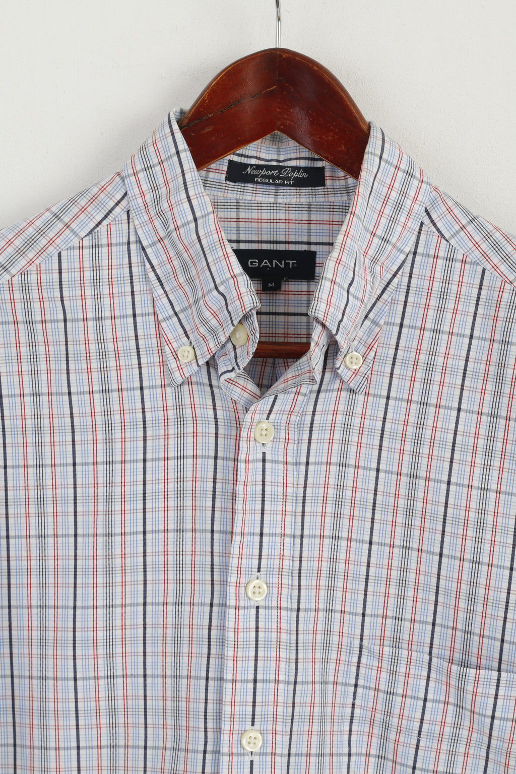 Gant Men M Casual Shirt White Check Newport Poplin Regular Fit Cotton Long Sleeve Top