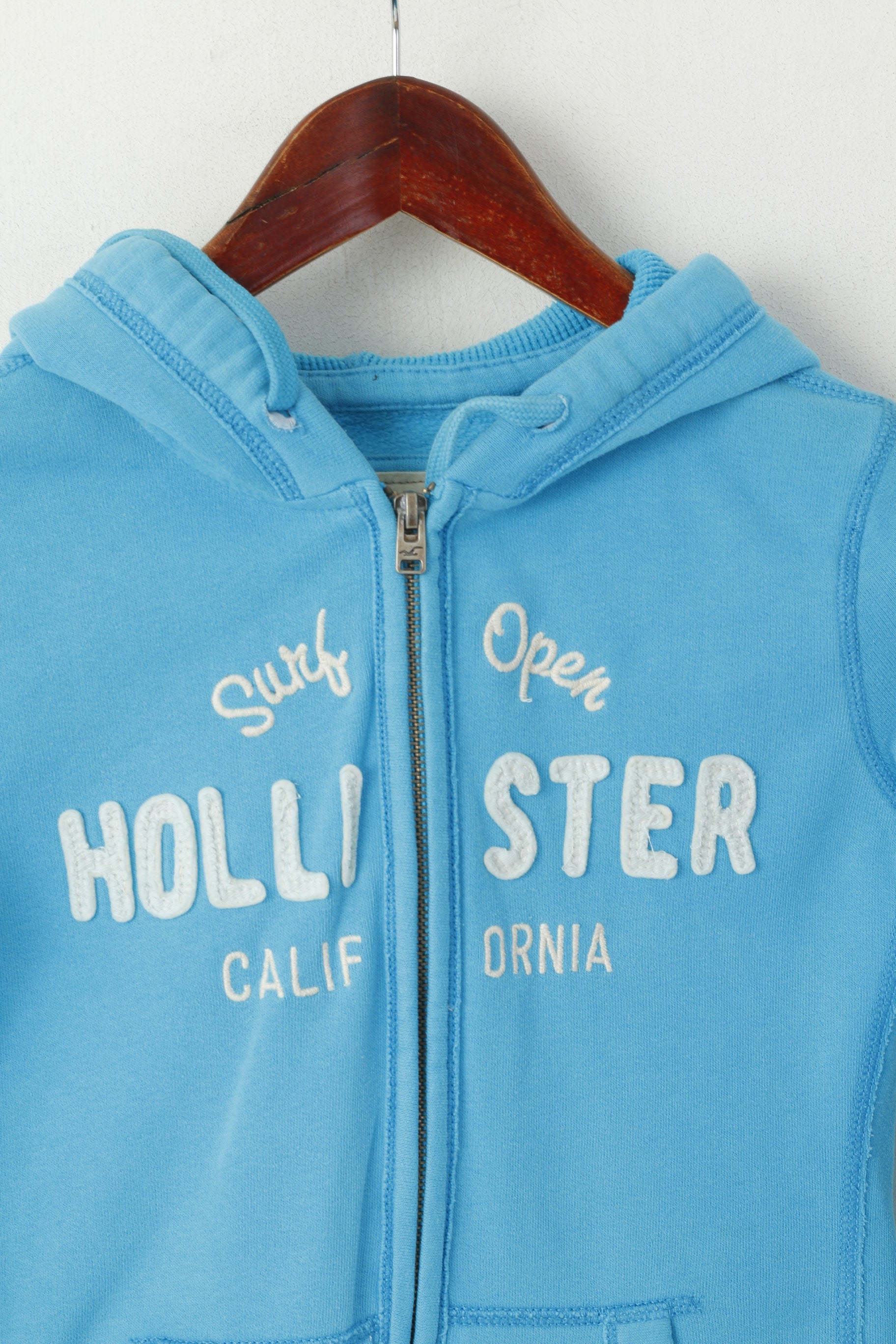 Felpa Hollister California da donna XS in cotone blu con cappuccio e zip aperta