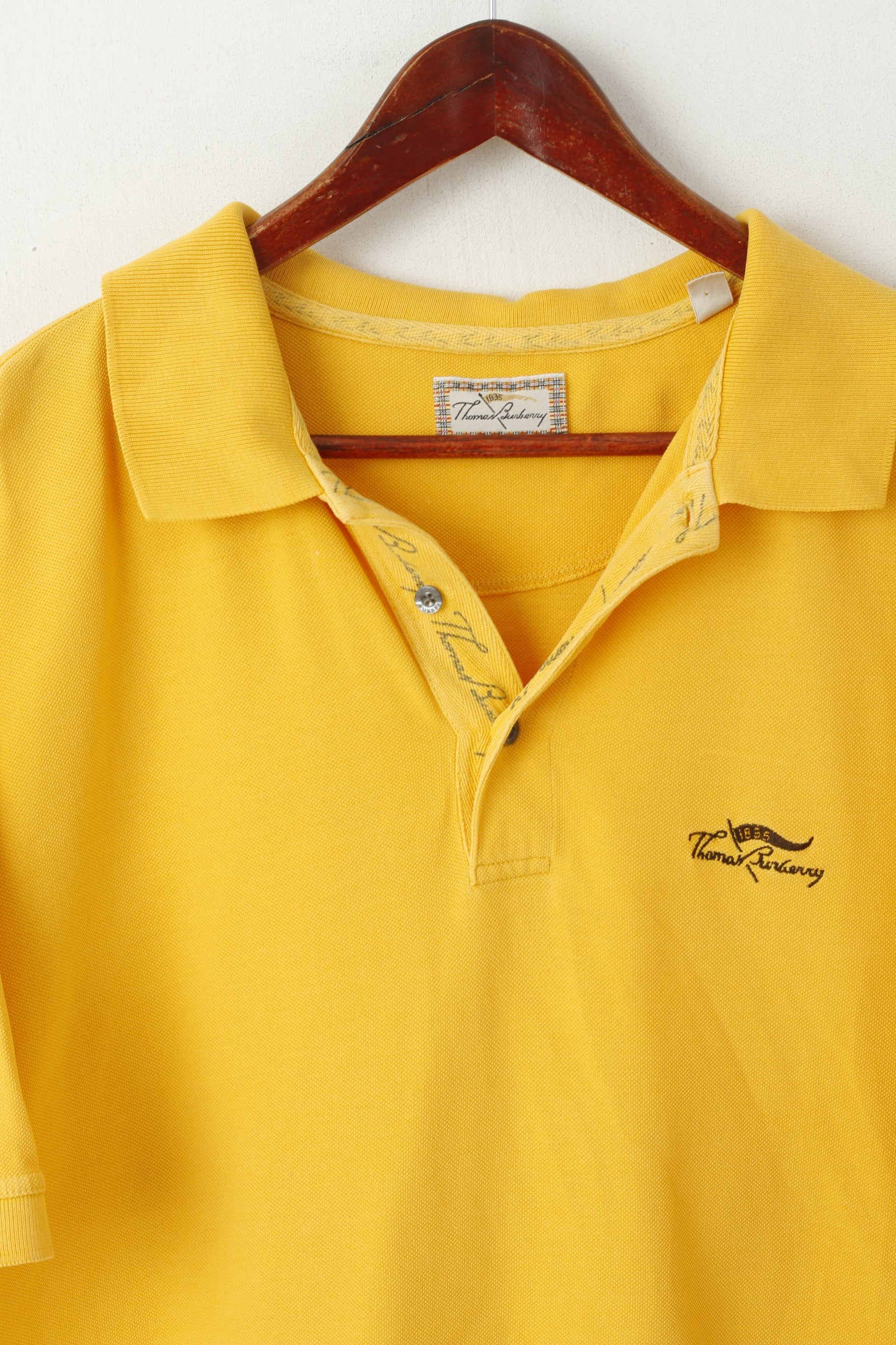 Thomas Burberry Men XL Polo Shirt Yellow Vintage Cotton Detailed Buttons Top
