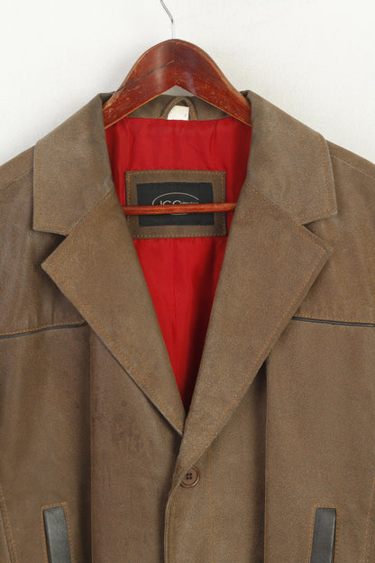 JC Collection Men 54 44 L Coat Brown Leather Retro Single Breasted Lined Top