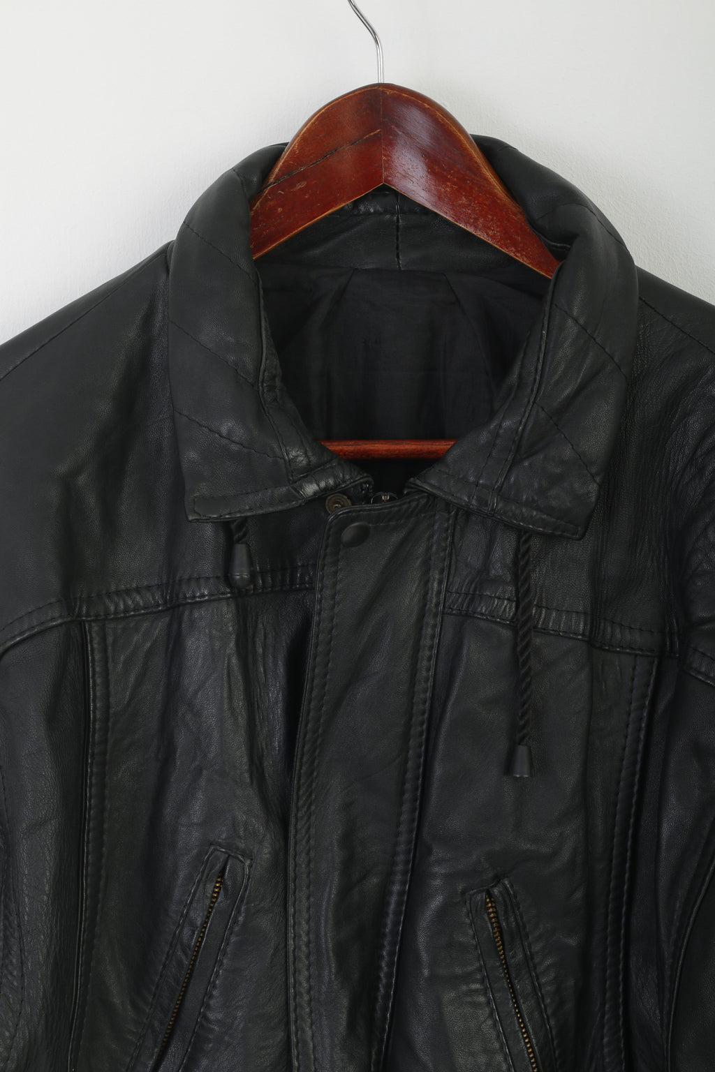 Vintage Men L Jacket Black Biker Bat Full Zipper Multi Pockets Drawstring Retro Top