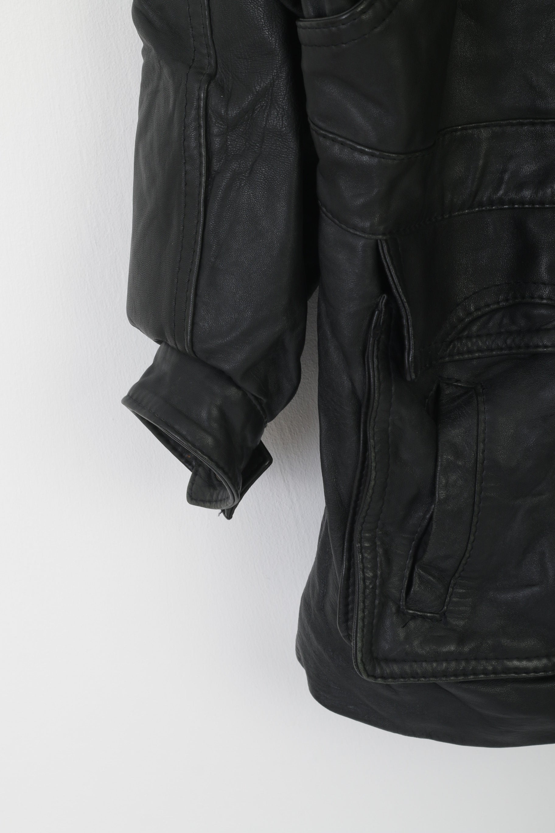 Vintage Men L Jacket Black Biker Bat Full Zipper Multi Pockets Drawstring Retro Top