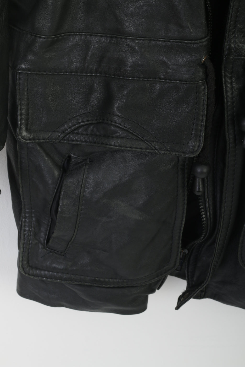 Vintage Men L Jacket Black Biker Bat Full Zipper Multi Pockets Drawstring Retro Top