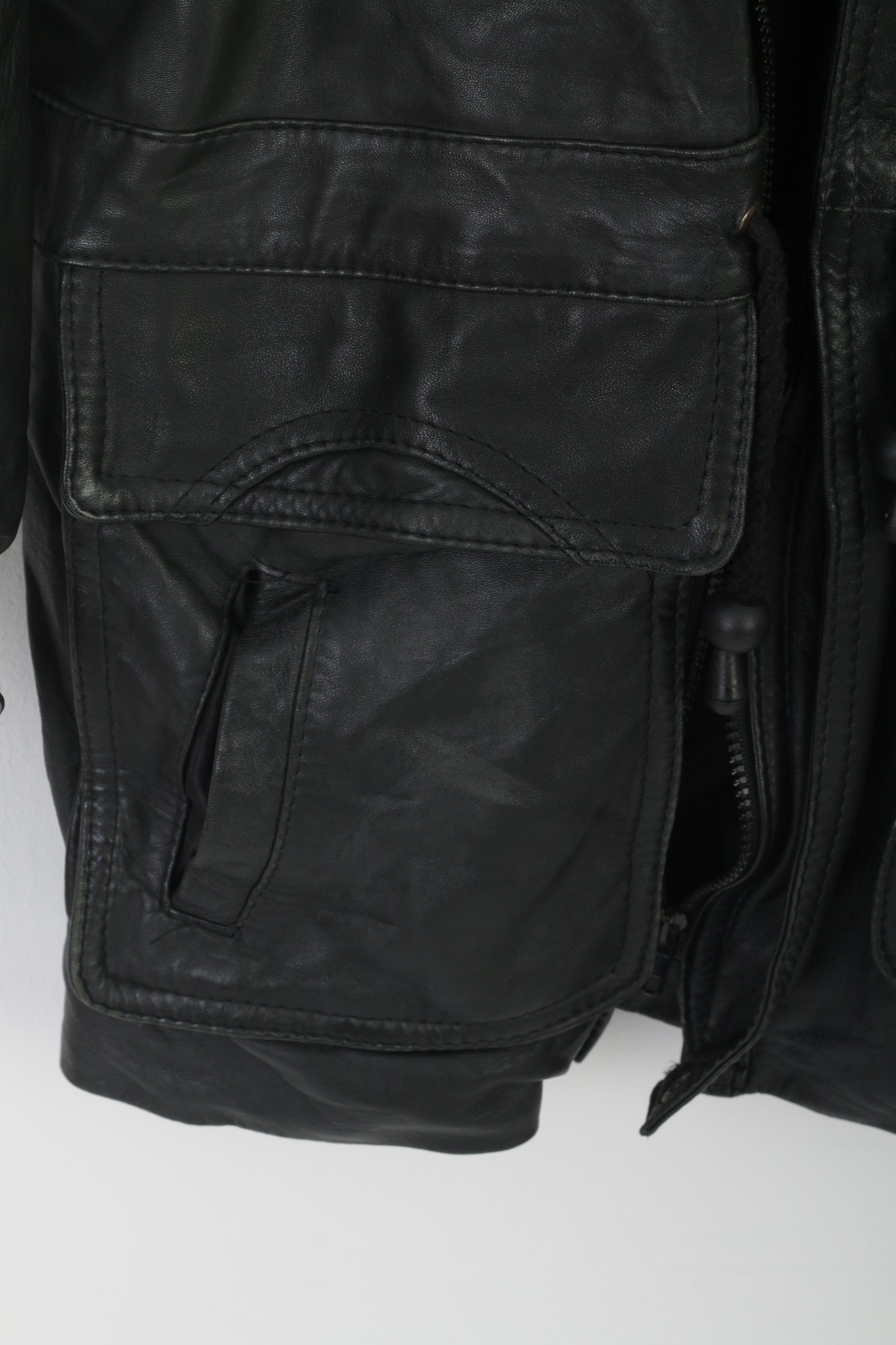 Vintage Men L Jacket Black Biker Bat Full Zipper Multi Pockets Drawstring Retro Top